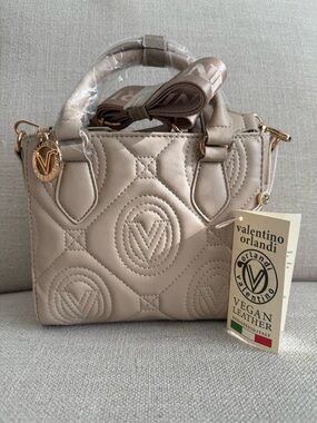 Valentino Orlandi Taupe Quilted Vegan Leather Satchel with Gold Hardware